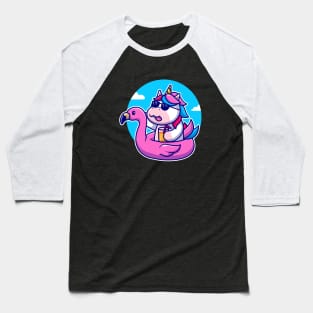 Cute Unicorn With Flamingo Swimming Tires Cartoon Baseball T-Shirt